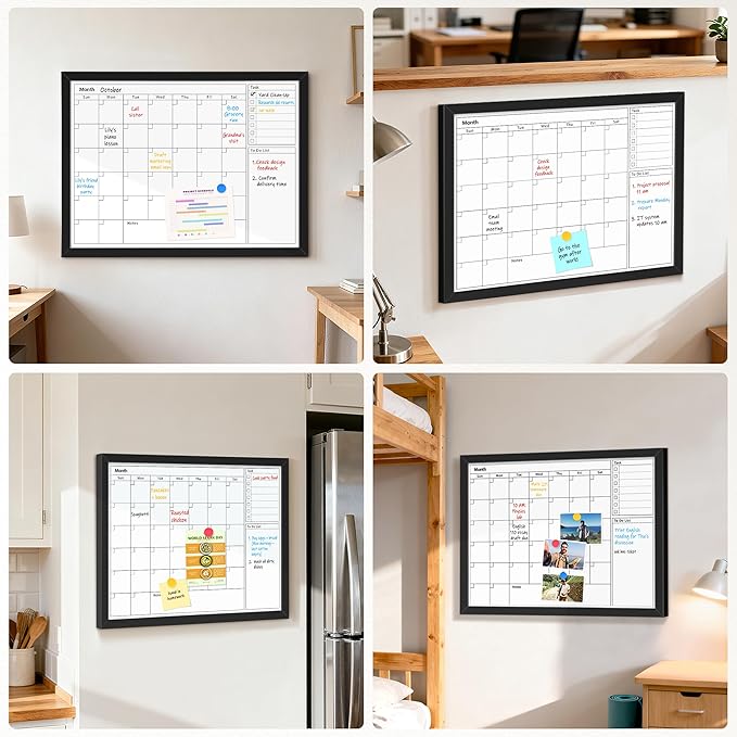 Dry Erase Calendar Whiteboard for Wall, 36x24 Inches Monthly White Board with White Wooden Frame, Hanging Magnetic Wall Calendar Board for Home Office School Kitchen Dorm