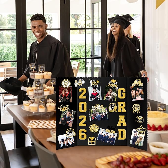 4 Set Graduation Photo Display Board, Class of 2026 Black Gold Trifold Poster Board with Grad Pattern Stickers, Graduation Photo Props Collage for Multiple Pictures Party Decorations, 16x24 Inch