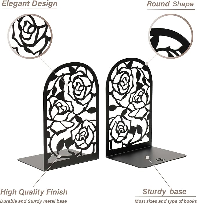 CNK Premium BookEnds - Heavy Duty Metal Book Stoppers for Home Office, Decorative Book Shelf Holders (Rose Black)
