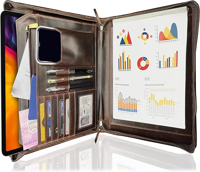 Supreme Business Portfolio by Rustic Town | Professional Organizer for Men & Women | Durable Leather Padfolio | Easy to Carry with A Zippered Closure | Many Slots, Compartments & Holders