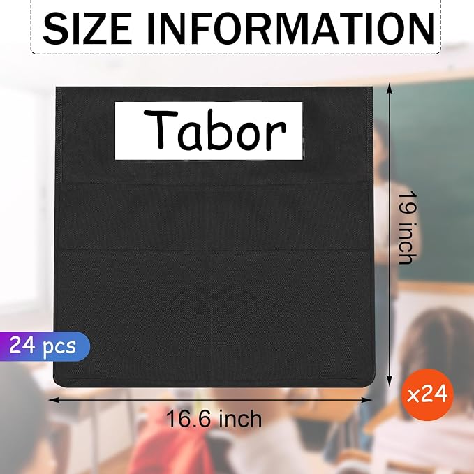 Boao 24 Pcs Chairback Pockets for Classroom with Name Tags, 16.3 x 15 Inch Seat Storage Organizers, 2 Large Pockets Chair Back Organizers for Students Teachers School Supplies(Black)