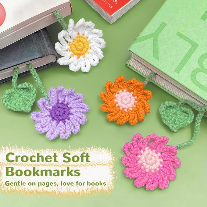 6 Pack Crochet Bookmarks for Women,Daisy Flower Handmade Personalized Cute Bookmarks,Gifts for Book Lovers and Teachers,Bag Charms,Keychain
