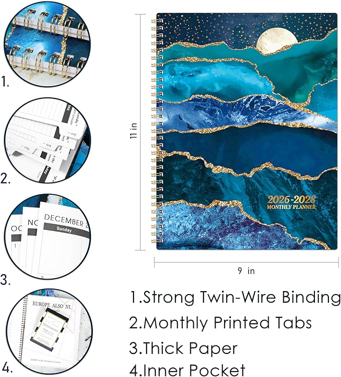 Monthly Planner/Calendar 2026-2028 - 2 Year Monthly Planner 2026-2028, 9" × 11", Jul 2026 - Jun 2028, 24 Months, Tabs, Twin-Wire Binding, Holidays, Notes Pages
