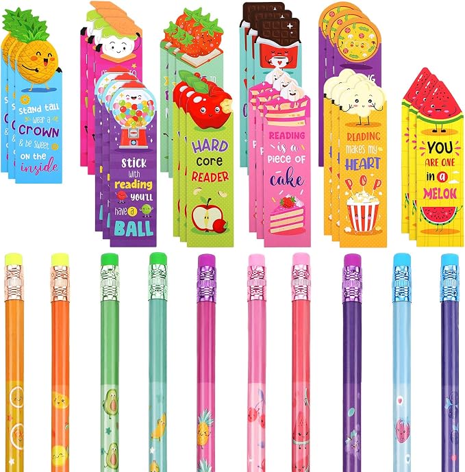 Teling 60 Pcs Inspirational Scented Pencils and Scented Bookmarks Sets Funny Pencils with Eraser Theme Bookmarks Cute Stationery Bulk for Reading Rewards Party Favors(Vivid)