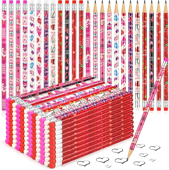300 Pieces Valentine's Day Pencils for Kids Assortment Cylinder Wood Pencils Bulk Cute Pencils with Erasers for Kids Valentine's Day Party Office School Supplies(Valentine')