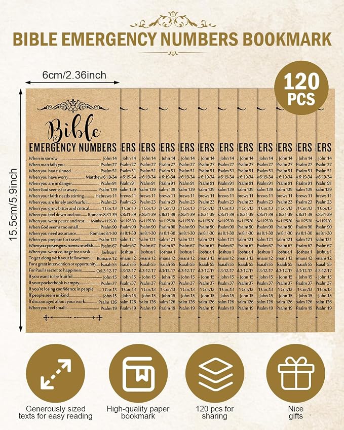 120 Pcs Bible Emergency Numbers Bookmark, Christian Bookmarks, Religious Bible Verse Bookmark, Christian Gifts for Church Supplies, Giveaways for Church Welcome Gifts Sunday (Brown)