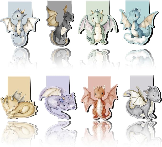 Cute Dragon Magnetic Bookmarks, 8 Pcs Fun Animal Book Marks for Reading Kids Boys Girls, Magnetic Bookmark Clips for School Supplies, Birthday Christmas Gifts for Book Lovers