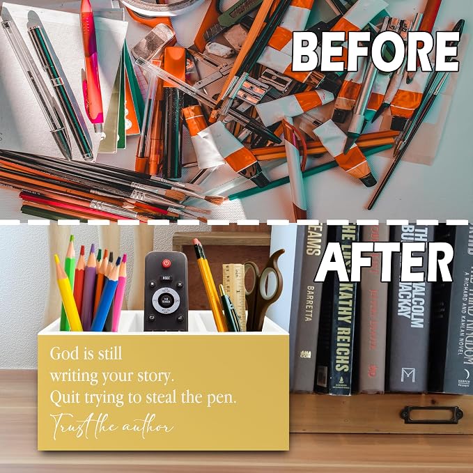 Yellow Christian Inspirational Pen Pencil Holder Organizer for Desk, Christian Office Decor, God Is Still Writing Your Story Bible Verse Wooden Box Sign for Office Home Desk Tabletop Decorations