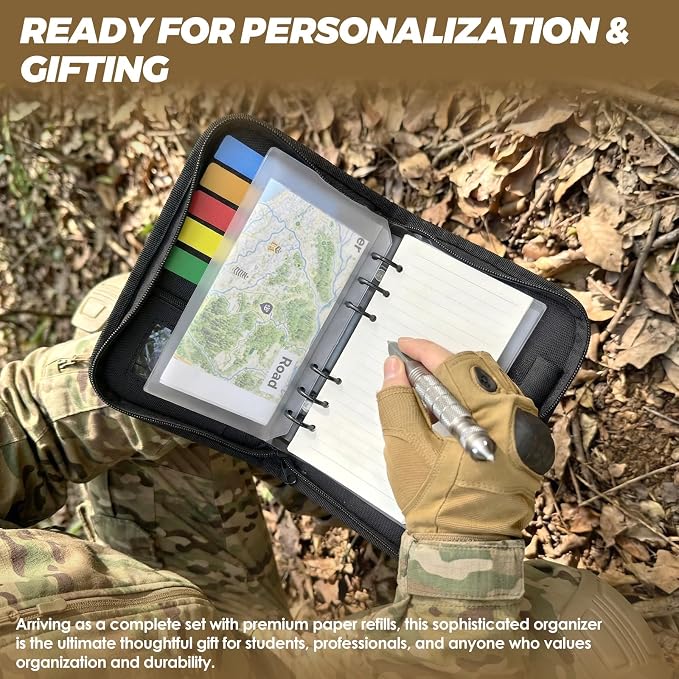 Tactical Notebook Cover, A6 Padfolio 6 Ring Binder with Big Back Pocket & Hand Strap, Zippered Hardcase Planner for Journal, College, Office, Field (Black Camo, A6(5.5 x 8.5 inches))