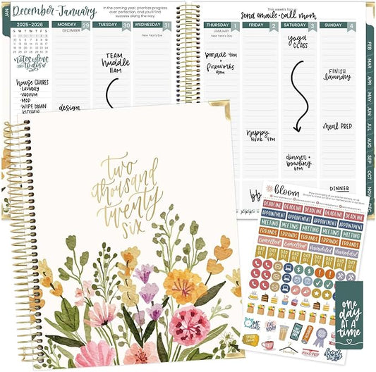 bloom daily planners 2026 Hardcover Calendar Year Goal & Vision Planner (January to December) - Monthly & Weekly Agenda Organizer - 7.5" x 9" - Beige Bouquet