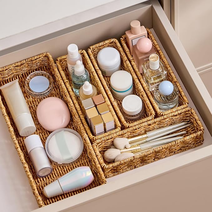 Berdeng Kitchen Drawer Organizer for Utensils, Silverware Tray Cutlery Organizer, PE Rattan Handwoven Storage Basket with Iron Frame, 2-Inch Fit for Shallow Drawers, 9.5" x 3" x 2" (Set of 4)