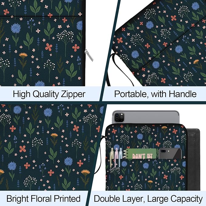 Flower Leaf Book Sleeve Kindle Pouch, Book Protector Case with Zipper, PU Leather Waterproof Book Cover Bag, Portable Book Pouch for Book Lovers Gifts Paperbacks Bibles Hardcover Black