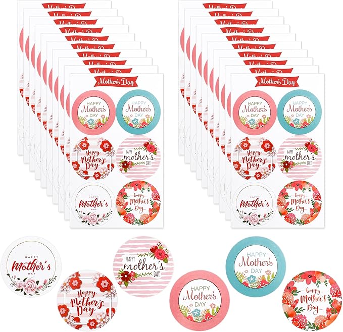Mothers Day Stickers, 120 PCS Happy Mothers Day Stickers, 2 Inch Mom Sticker Decal, Mom Gifts, 20 Sheets Self-Adhesive Mothers Day Crafted Mother's Day Labels Sticker for Envelope Seal Card Box, Round