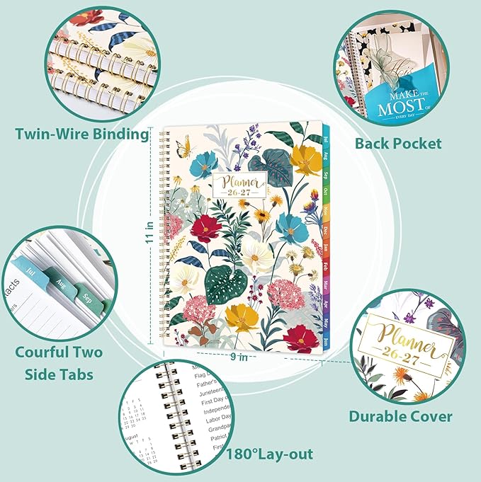 Planner 2026-2027 - Academic Planner 2026-2027, Jul. 2026 - Jun.2027, 9” × 11”, Planner Weekly and Monthly, Premium Paper, Back Pocket, Colorful Tabs, Twin-wire Binding