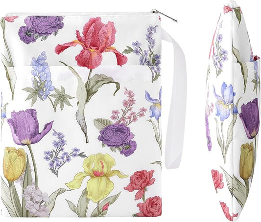 Book Sleeve with Zipper, 11''x 9'' Waterproof Paperback Sleeve for Book Lovers Books Pouch Cover with Handle for Hardcovers Kindle Sleeve for Reader Teacher Women (Pinkish-Purple Flowers, 11x 9 inch)