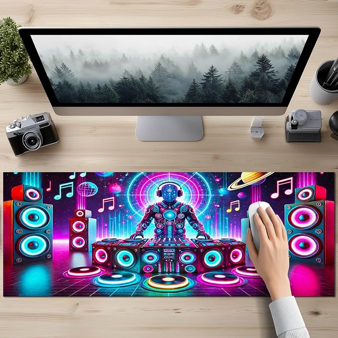 HOMETITUTE Large Mouse Pad 31.5 x 11.8 Inch Neon DJ Music Desk Mat Extended Keyboard Mousepad Non Slip Waterproof Gaming Desk Pad Futuristic Party Design for Home Office