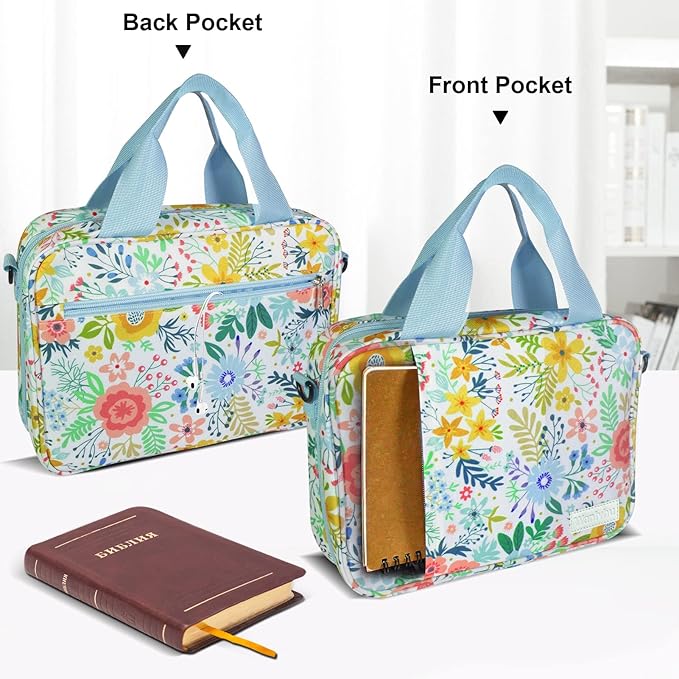 Bible Cover for Men Women, Zippered Bible Carrying Case Bible Protective Bag with Handle and Adjustable Shoulder Strap, Bible Bag for Women Men Kids (Blue Flower)