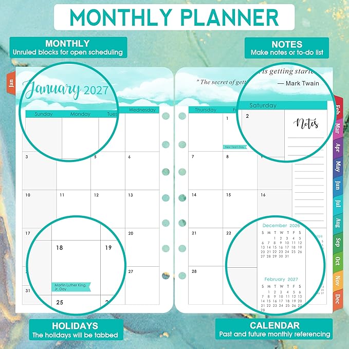 2027 Planner Refills - Planner Refills 2027, JAN 2027 - DEC 2027, A5 Planner Inserts, 2027 Weekly and Monthly Planner Refill, 5.5 x 8.5 inch, 7 Holes - Green