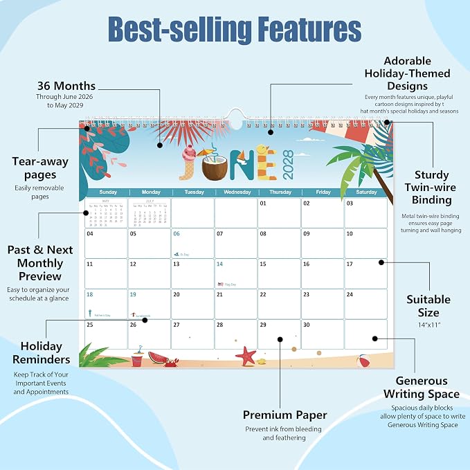 GuassLee Academic Wall Calendar 2026-2029, 36 Months Running from Jun. 2026 to May. 2029, 14" X 11" Paper Hanging Planner Wall with Thick Paper for Office Home Planning & Organizing