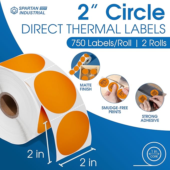 Spartan Industrial - 2" Circle Fluorescent Orange Direct Thermal Labels (1500 Count, 2 Rolls) - 2 Inch Color Thermal Labels for Logos, Packaging, Branding - Compatible with Zebra and Rollo Printers