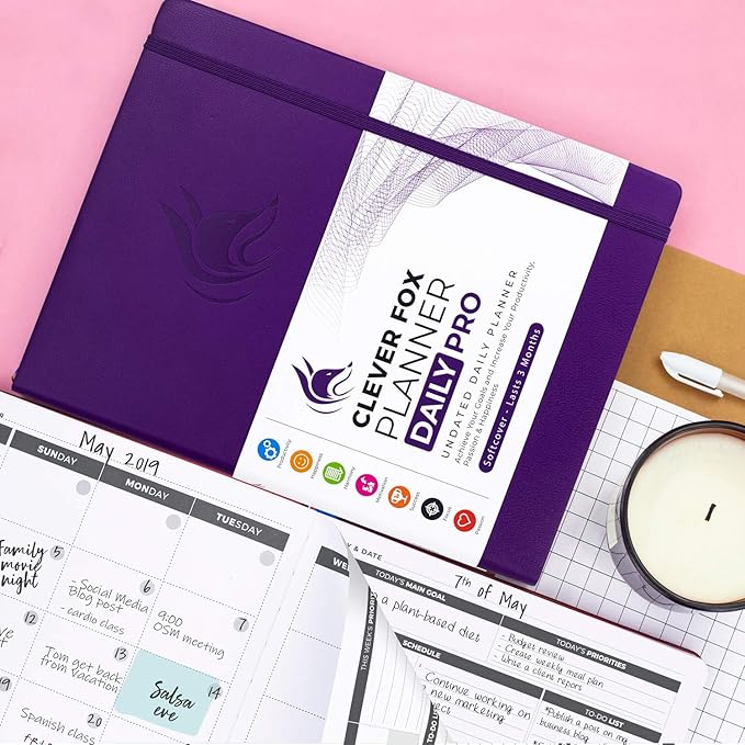Clever Fox Planner Daily PRO - 8.5 x 11" A4 Size Daily Life Planner and Gratitude Journal to Increase Productivity, Time Management and Hit Your Goals - Undated - Lasts 3 Months (Purple)