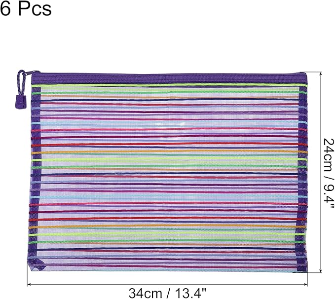 MECCANIXITY Mesh Zipper Pouches, A4 Colorful Pencil Case Document File Bags Storage Organizer for Office Supply Travel Accessory, Purple Pack of 6