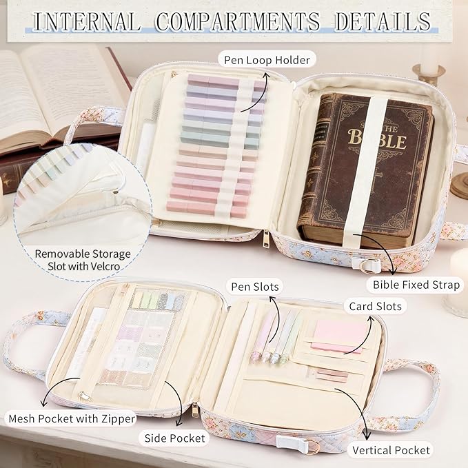 Bible Bag for Women, Large Bible Cover Case with Study Supplies,Girls Carrying Case with Highlighters, Pens, Bible Tabs, Sticky Notes, Christian Gifts for Girls, Mom, Easter Mothers Day Religious Gift