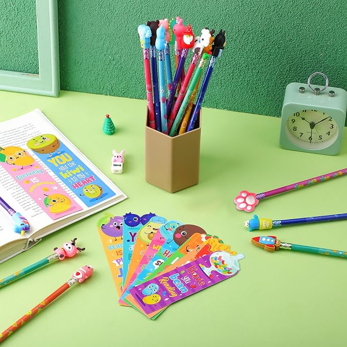 Teling 80 Pcs Scented Bookmarks and Pencils with Cute Toppers Set Fun Pencils Fruit Food Theme Scratch and Sniff Bookmarks Cartoon Pen Toppers Study Supplies(Adorable Style)