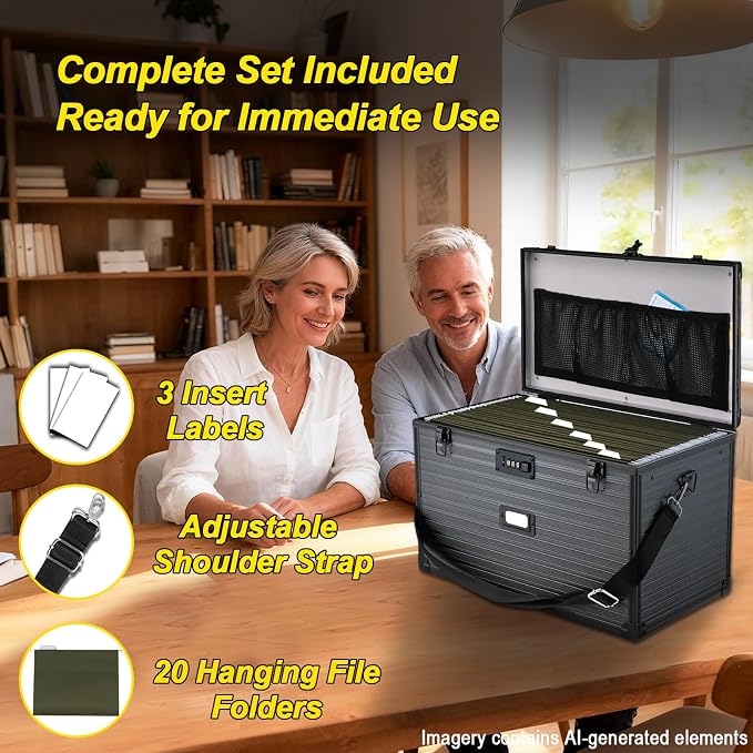 File Storage Cabinet File Organizer Document Organizer File Box in Office and Home with Combination Lock with 20 Legal Size Hanging Files (Stripe Black)