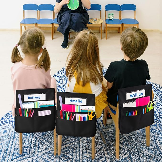 2 PCS Chair Pockets for Classrooms, Seat Pockets with Expandable Elastic Strap, Seat Sacks for Classroom Chairs with Name Tag, Back to School Supplies for Student Teacher Organizer (Black, 2 pack)