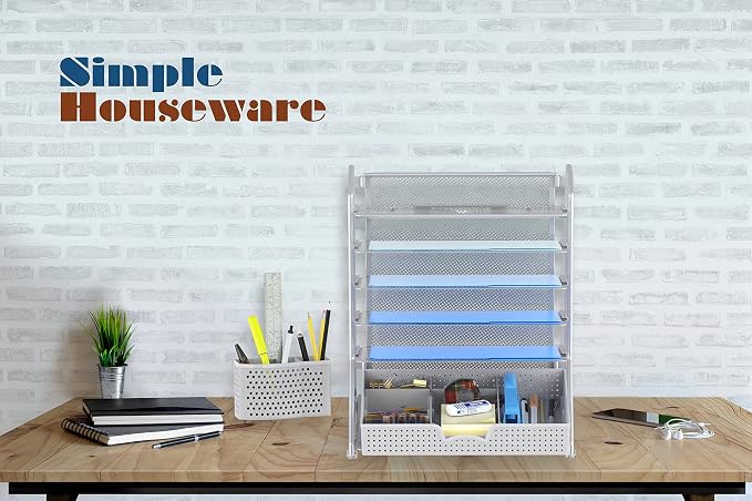 Simple Houseware 6-Tier Desk Document File Tray Organizer with Sliding Drawer, Silver