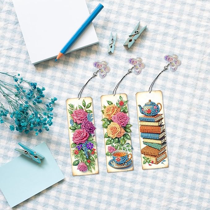 ARTopet 3Pcs DIY Diamond Art Painting Bookmarks with Colorful Butterfly Pendant PET Bookmark Ornament Double Sided Pattern Single Sided Diamond Book Marker Clip Gifts Tags-Rose