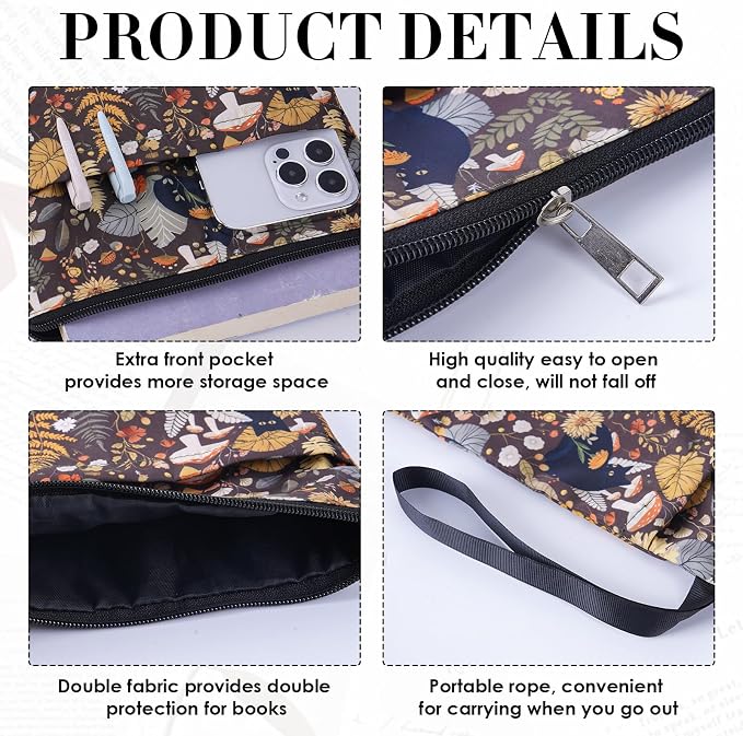 Waterproof Book Sleeve Pouch - Black Cat Books Cover Protector for Paperbacks Portable Bookworm Accessories with Pocket and Handle Flower Mushroom Bookish Gifts for Women Teacher Student