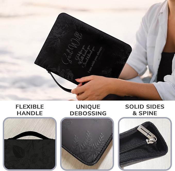 DEHITE Bible Cover Case for Women — Bible Carrying Case for Woman — Black Extra Large Holder Bag — Fits Book 11.1x8x2.1 in — Pen Slots — Zippered Pocket — Premium Faux Leather — Christian Gift