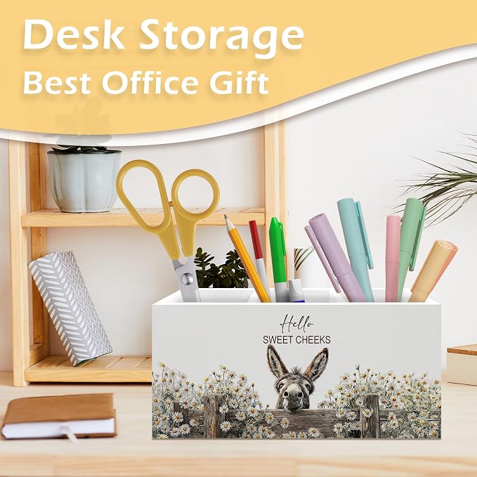 Farmhouse Donkey Pen Pencil Holder, Donkey Accessories Gifts for Women Men, Funny Hello Sweet Cheeks Bathroom Sign Wooden Pen Pencil Organizer for Home Bedroom Bathroom Desk Decor