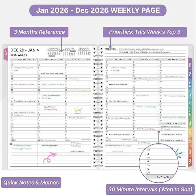 2026 Appointment Book, 30 Minutes-Hourly, Weekly ＆ Monthly Calendar Planner 2026, Jan 2026 - Dec 2026, 8.5'' x 11'', 2026 Daily Planner with Tabs ＆Pocket, Flexible Cover, Great for Office, Home, School