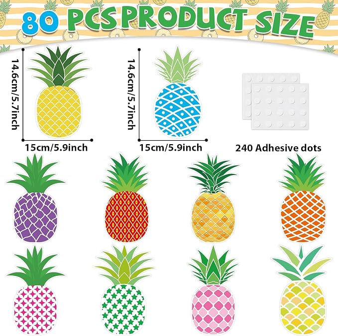 gisgfim 80Pcs Summer Cutouts Pineapple Decoration Bulletin Board Luau Tropical Paper Cut-Outs Classroom Decor for DIY Craft Photo Wall Summer Hawaiian Beach Kindergarten Preschool Party Favor Supply