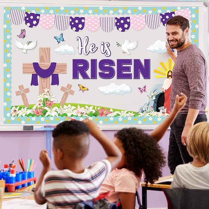 Easter Bulletin Board Decorations He is Risen Bulletin Board for Church Christian Jesus Classroom Decoration Spring Risen Cross Cutouts for Religious Sunday School Class Church Chalkboard Wall Decor