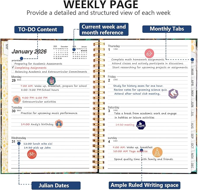 Planner 2026 - Weekly and Monthly Calendar Academic Planner, 2026 Yearly Daily Calendar Planning Agenda Book with Month Tabs, Jan to Dec 2026, With Stickers for Home Office School, 6.5" x 8.5" (Golden leaves)