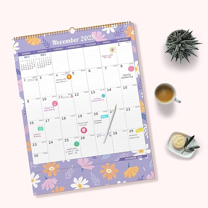Ospelelf Wall Calendar 2025-2026 Monthly Large Pad Planner with Storage Pocket Protective Cover and Sticker for Family Fridge Office Teacher Student 17" X 22" Ditsy Floral