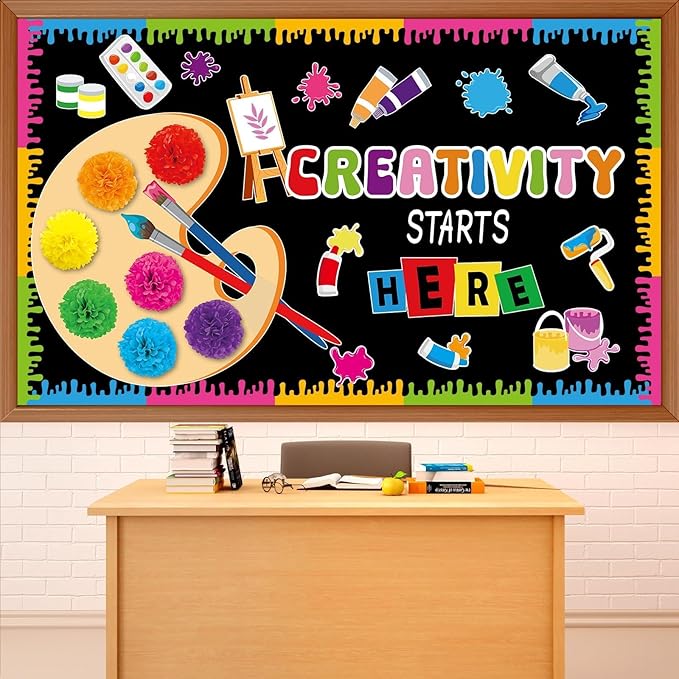 Art Paint Classroom Bulletin Board Decorations Artist Painting Cutouts with Paper Pom Poms Creativity Starts Here Cutouts for Student Teacher Wall Chalkboard Decor Back to School Supplies
