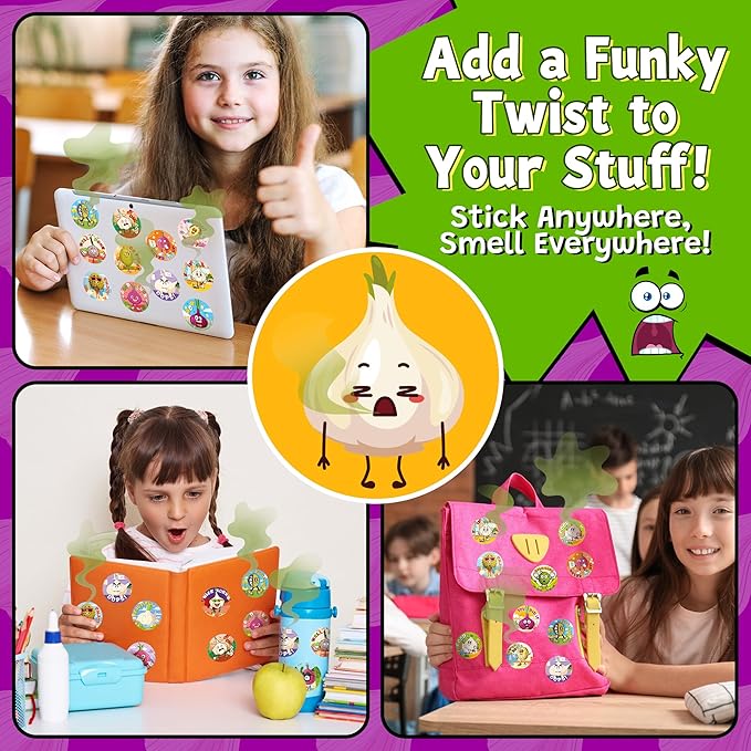 3 Rolls Smelly Stickers for Kids 600 PCS, 24 Designs Onion/Durian/Garlic with Funny Scents, Scratch and Sniff Prank Toys Increase Interaction with Friends, Interesting Reward Stickers for Classroom