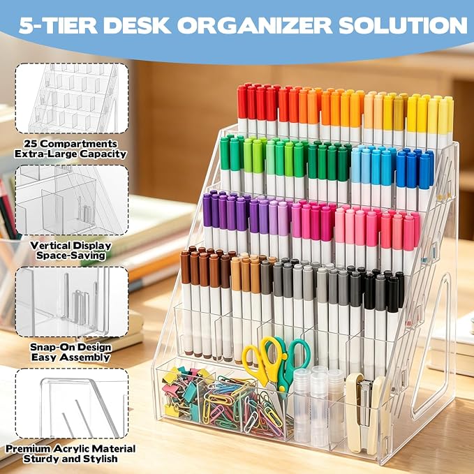 YEXEXINM 5 Tier Acrylic Desk Organizer with 25 Compartments Clear Pen Holder for Pens Pencils Markers and Art Supplies Large Capacity Desk Storage Rack for Home Classroom Office and Art Studio