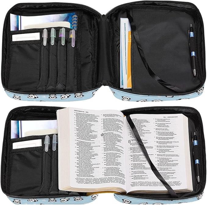 Coldinair Cartoon Pandas Blue Bible Covers for Women Girls Kids,Bible Case Bag Book Cover Scripture Carrying Case with Handle Pockets