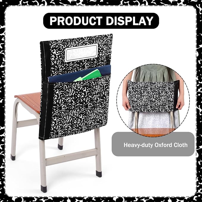 24 Pack Chair Pockets for Classroom Back to School Composition Seat Pocket 20 x 17 Inch K 2 Student Chair Bag Organizer with Name Tag Oxford Cloth Storage Bag for Kindergarten Primary (Black)