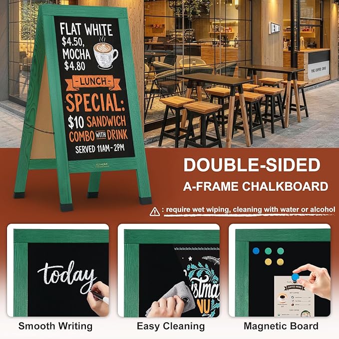 Wood Magnetic A-Frame Chalkboard Signs, 40" x 20" Large Sandwich Board Signs Outdoor, Double-Sided Sidewalk Blackboard for Business, Wedding, Vendor Display, Coffee Shope - Green