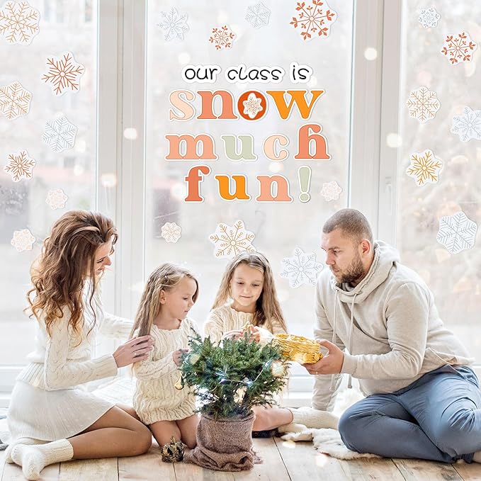 FYSUIMU 62 Pcs Winter Christmas Bulletin Board Decoration Boho Colored Snowflake Paper Cutouts with 100 Pcs Glue Points for Xmas Holiday Welcome Party Classroom