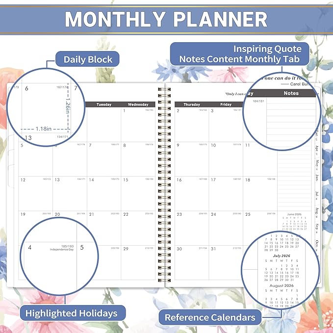 Monthly Planner 2026-2031 - 5 Year Planner/Calendar, 2026-2031 Monthly Calendar Planners Spiral Bound, Jul. 2026 - Jun. 2031, 9" x 11", Twin-Wire Binding + Tabs + Pocket - Flowers