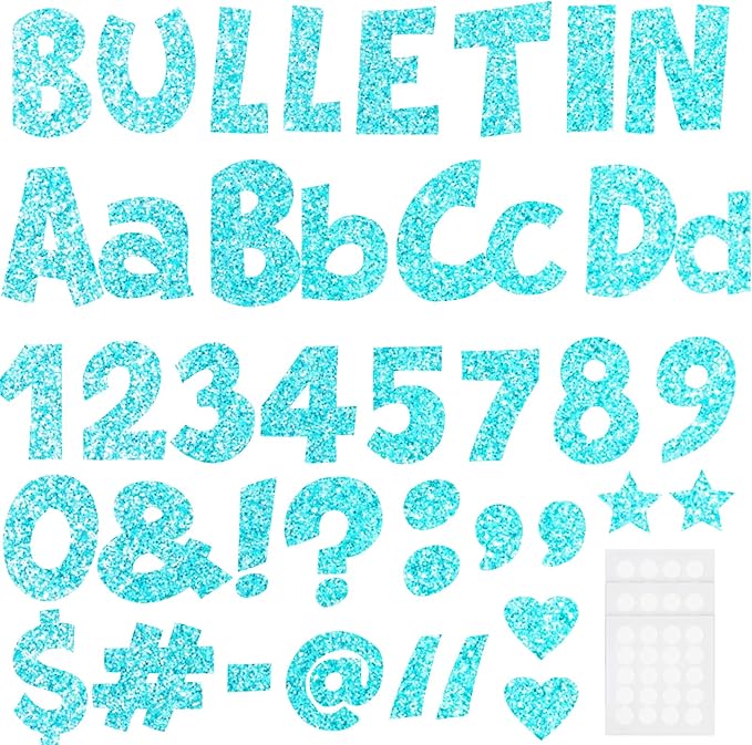 Glitter Bulletin Board Letters for Classroom Numbers Alphabet Poster Board Letters with Adhesive Dots Punctuation Symbols Cutout Bulletin Display School (Light Blue