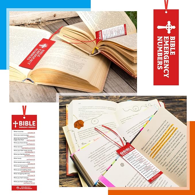 Cholemy 60 Pcs God's Emergency Numbers Bookmark for Kids Paper Religious Catholic Tassel Bible Verse Christian Bookmarks Bulk with Red Ribbon for VBS Sunday School Classroom Church Gifts